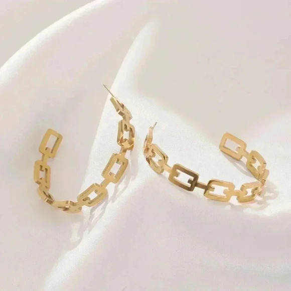 *NEW* 18K Gold Plated Stainless Steel Earrings - Chain  Link Open Hoop - Picture 4 of 8